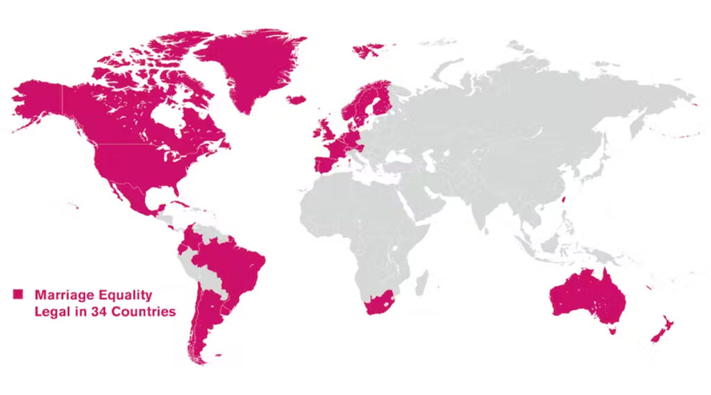 A map highlighting the 34 countries where marriage equality is legal