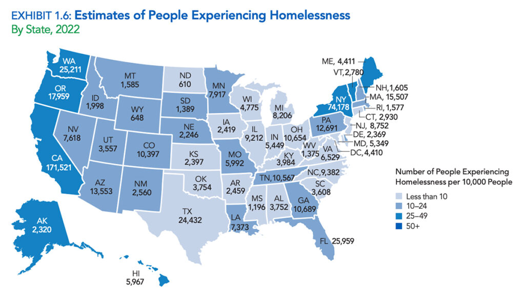 US map showing the number of homeless people by state