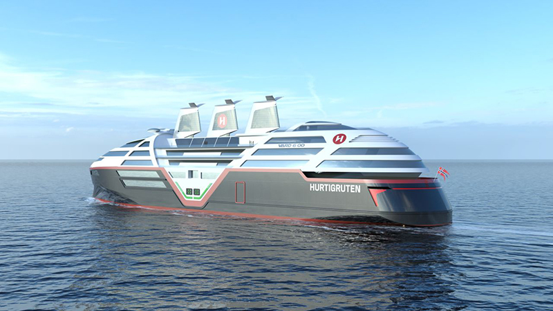 A rendering of a zero-emissions electric cruise ship with giant sails covered in solar panels