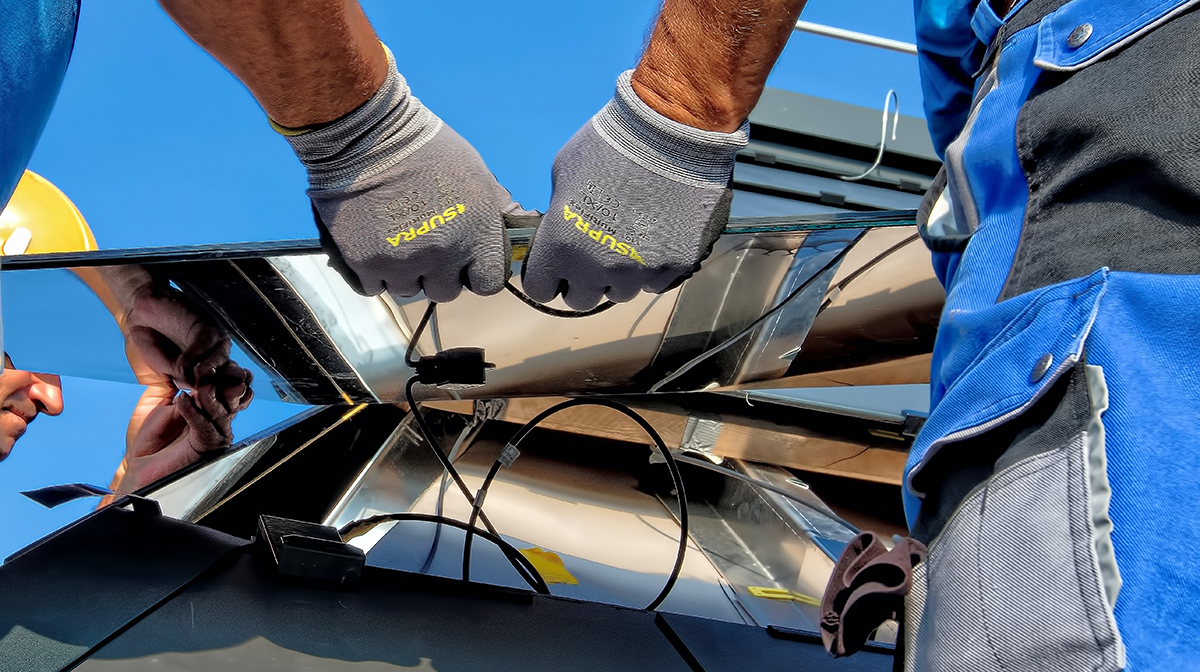 Workers install solar panels.