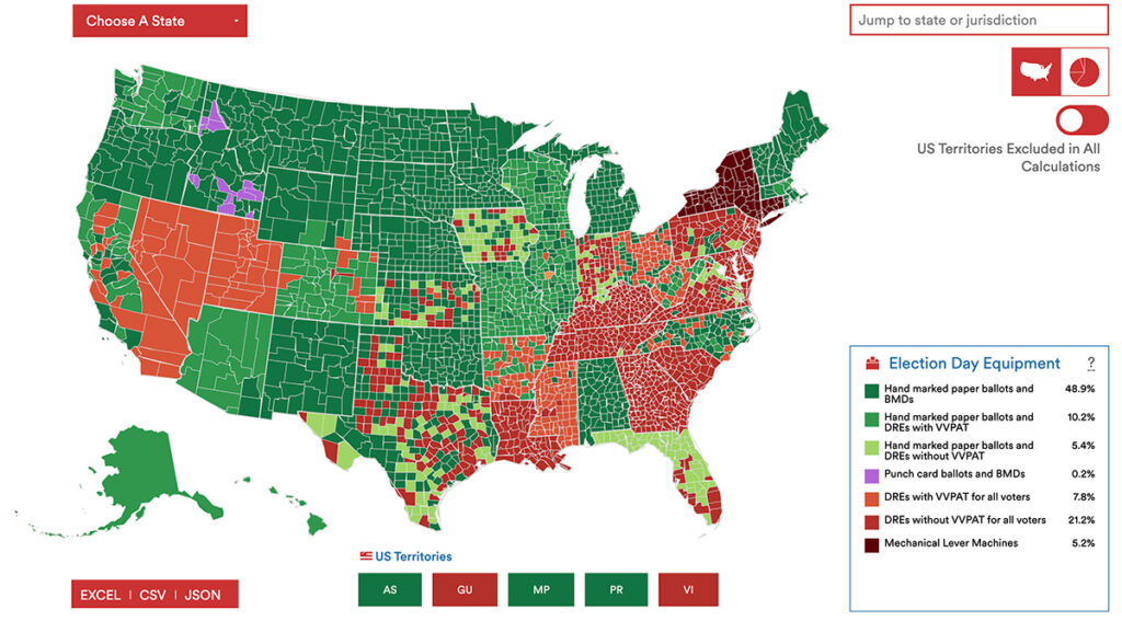 A map showing what voting equipment different states were using in 2006