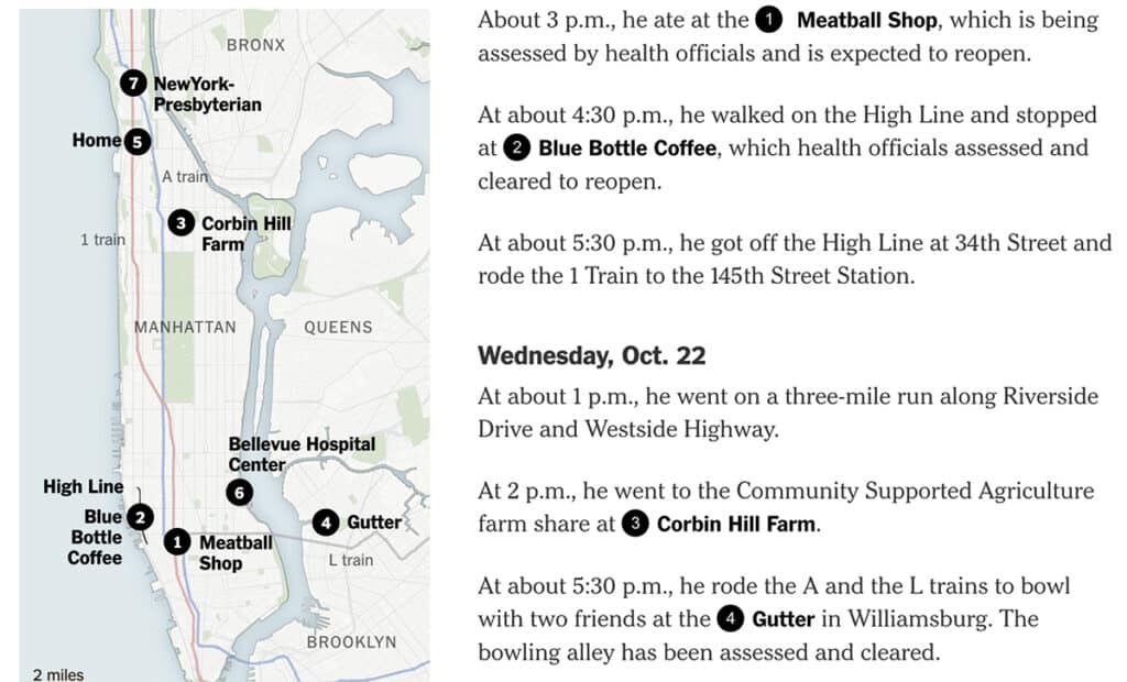 Screenshot from 2014 of The New York Times' hour-by-hour timeline and map tracing the actions of New York City’s first Ebola patient