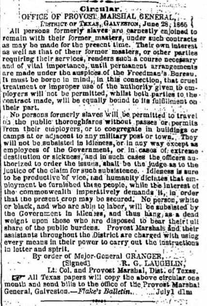 Newspaper clipping: Gordon Granger's Circular in the Galveston Daily News, July 7, 1865