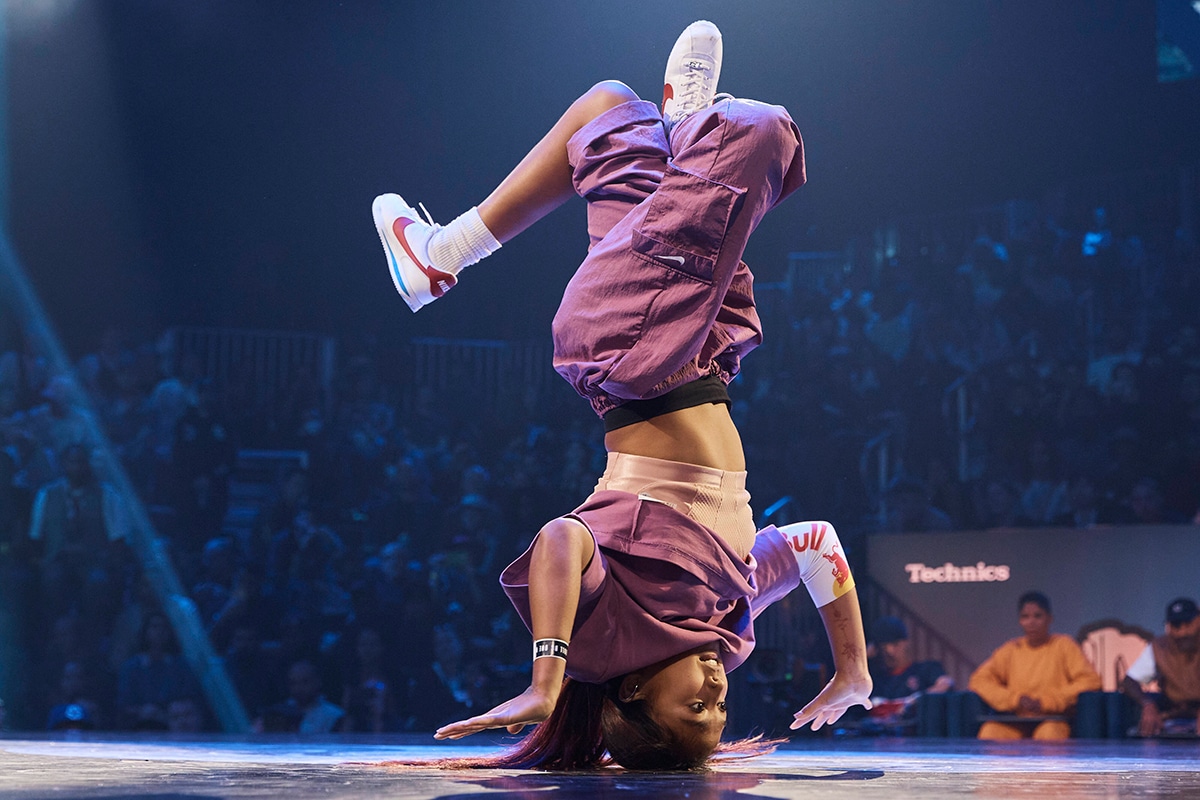 Logan Edra, also known as B-Girl Logistx, of the United States competes in the B-girl Red Bull BC One World Final at Hammerstein Ballroom on Saturday, Nov. 12, 2022, in Manhattan, New York. (AP Photo/Andres Kudacki)