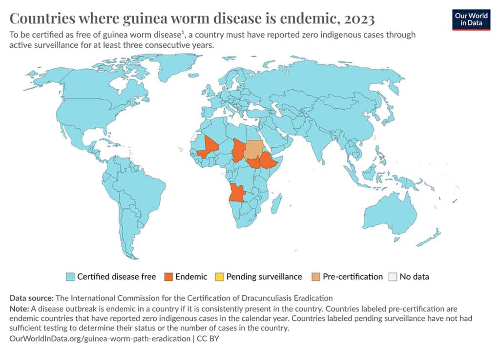 A map showing global progress towards guinea worm disease eradication