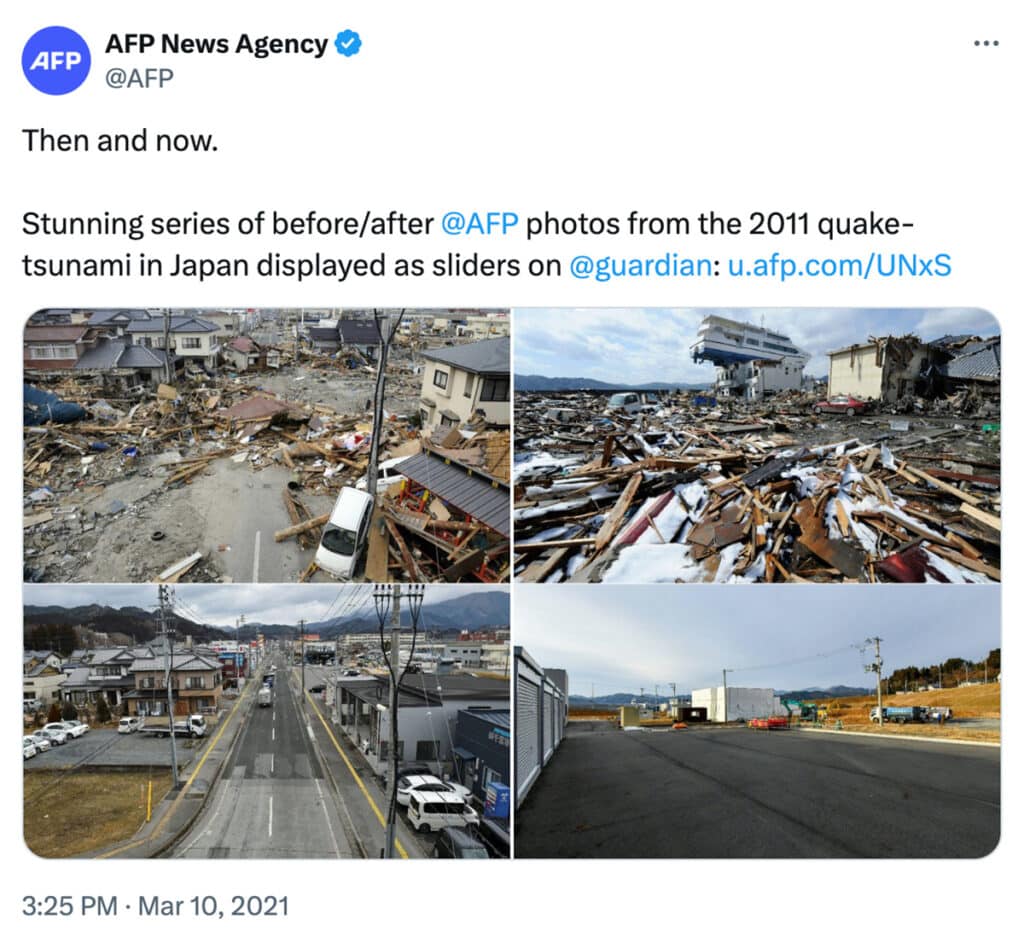 A tweet by AFP News Agency showing before and after photos from the 2011 earthquake and tsunami in Japan