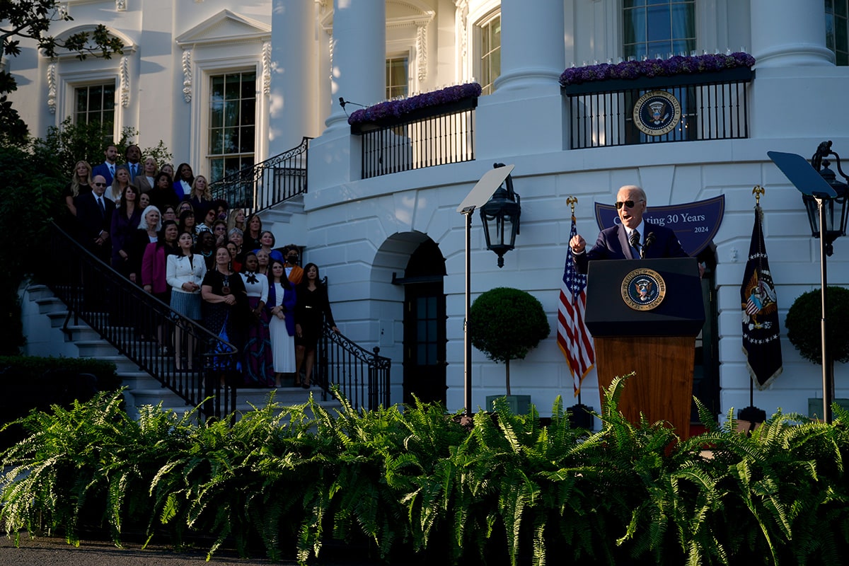 President Joe Biden speaks during the Violence Against Women Act 30th anniversary celebration on the South Lawn of the White House, Thursday, Sept. 12, 2024, in Washington. (AP Photo/Manuel Balce Ceneta)