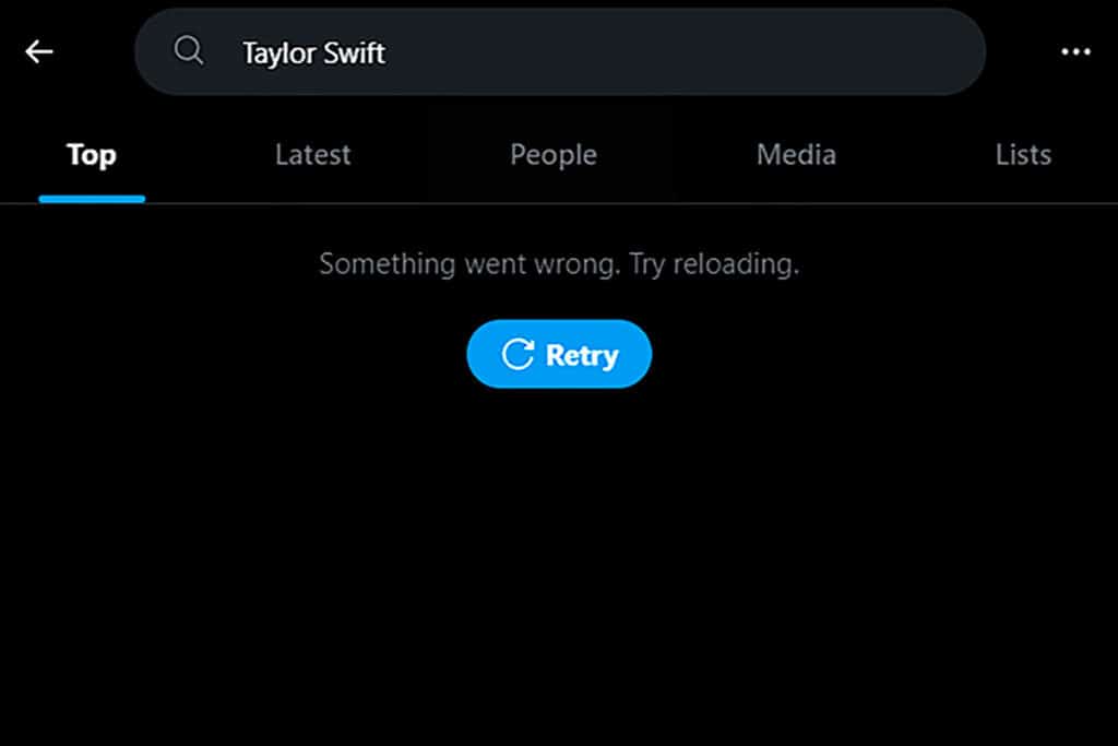 This screenshot made on Monday, Jan. 29, 2024, shows a Taylor Swift search error on social media platform X. X has blocked some searches for Swift as pornographic deepfake images of the singer have circulated online. (AP Photo)