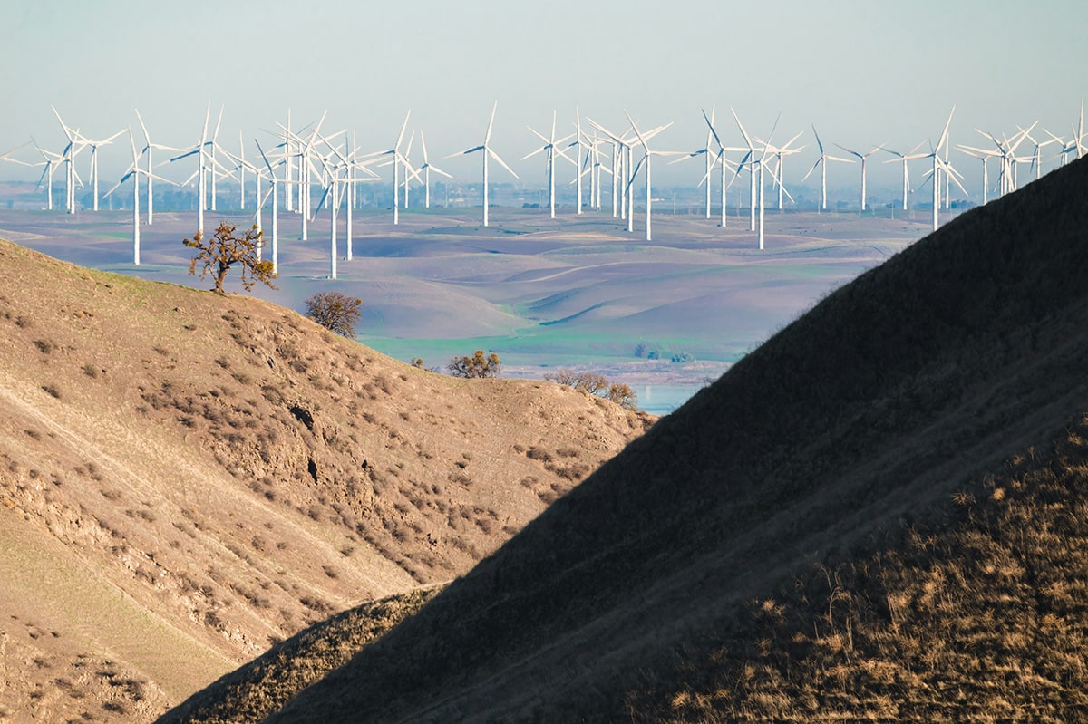 Wind turbines near the San Joaquin River in the hills of Antioch, California