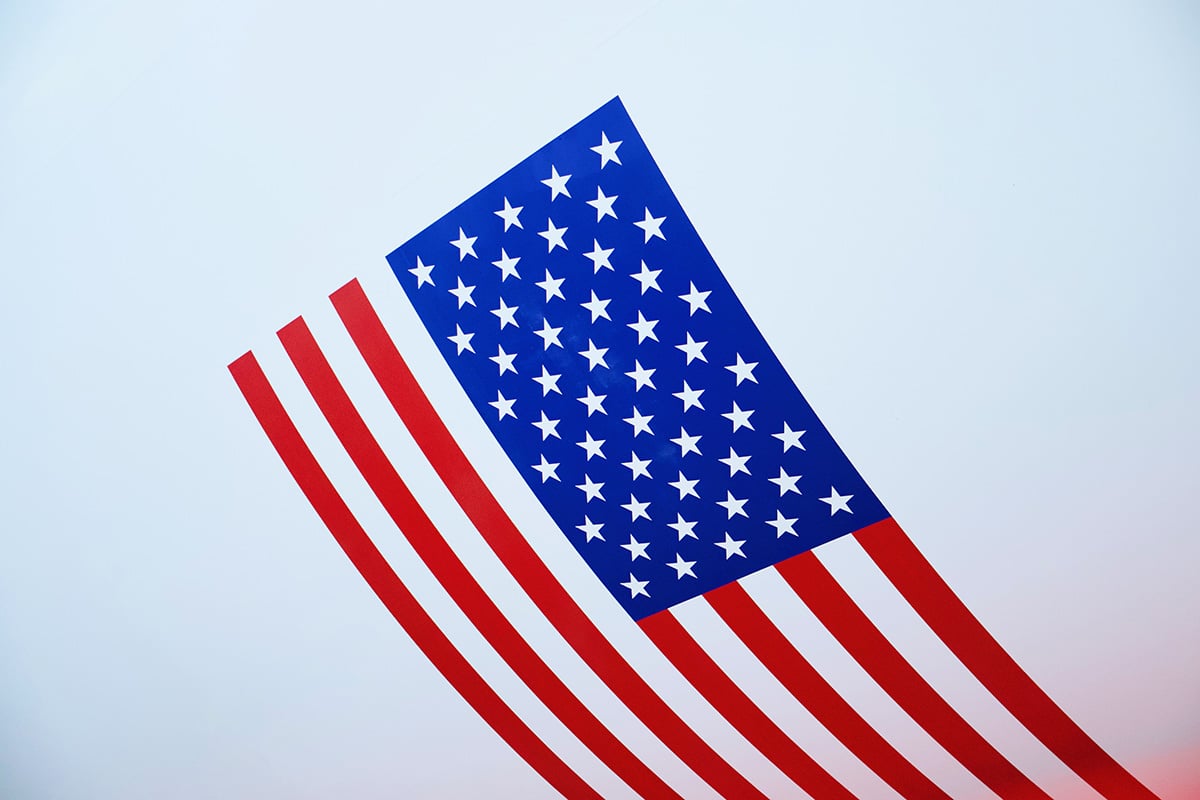 The United States flag painted on the side of a Saturn V rocket at NASA's Kennedy Space Center