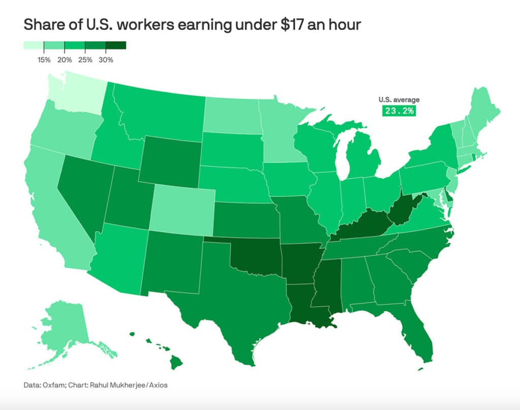 Map: Share of US workers earning under $17 an hour