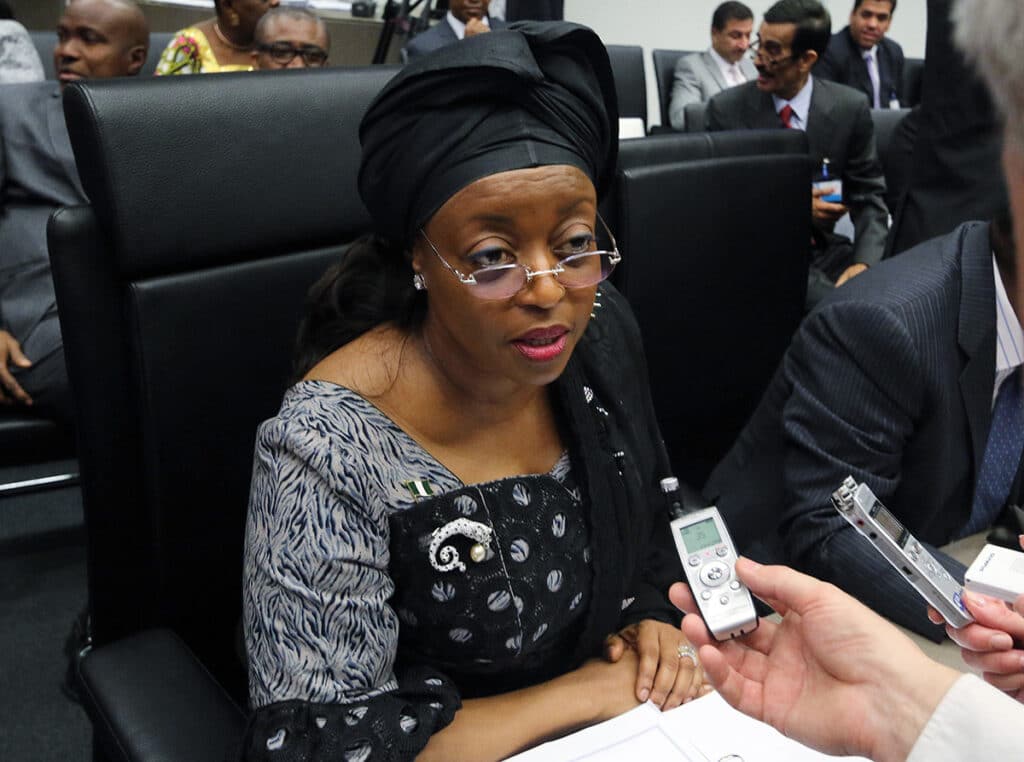 Nigeria's Diezani Alison-Madueke, Minister of Petroleum Resources and Alternate President of the OPEC Conference, speaks to journalists prior to the start of a meeting of the Organization of the Petroleum Exporting Countries, OPEC, at their headquarters in Vienna, Austria, Wednesday, June 11, 2014. OPEC oil ministers are heading into a meeting with apparent agreement to keep unchanged their output target of 30 million barrels a day. (AP Photo/Ronald Zak)