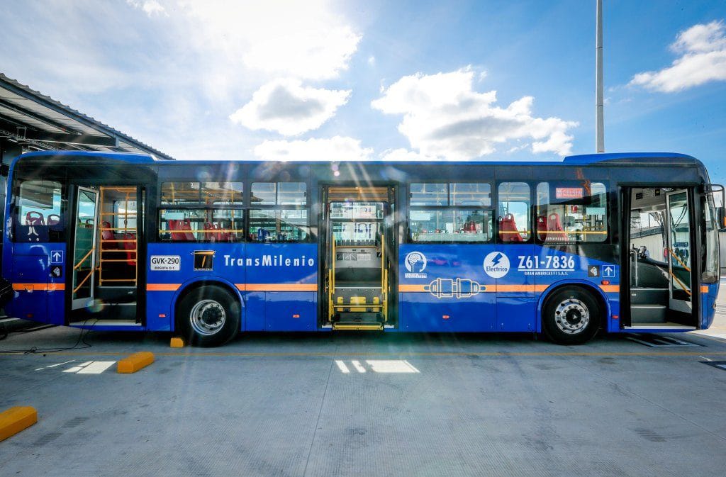 An electric bus on a sunny day in Bogota, Colombia