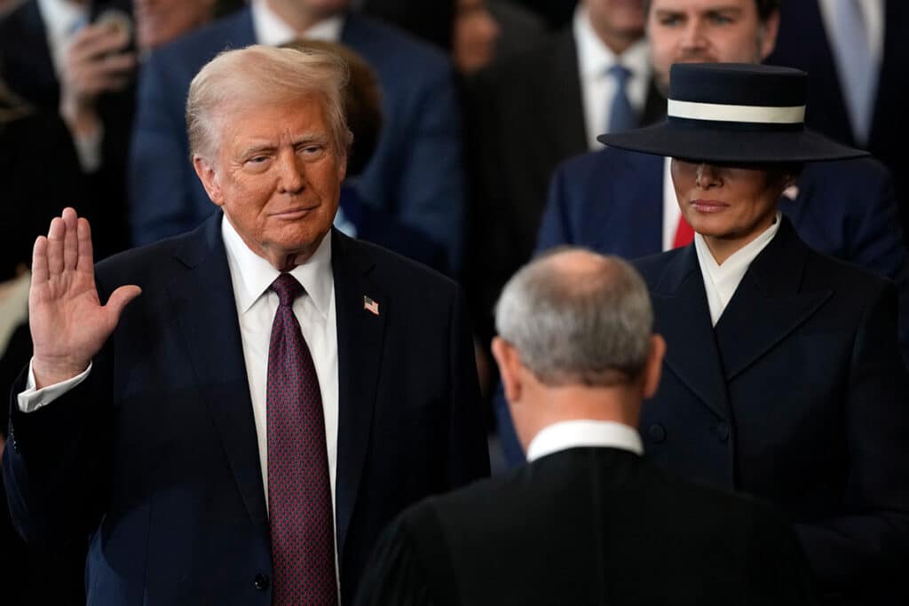 Donald Trump is sworn in as the 47th president of the United States in January 2025. (AP Photo/Julia Demaree Nikhinson, Pool)