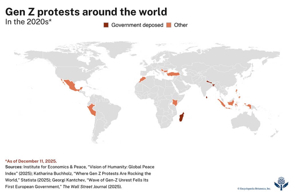 A map of Gen Z protests around the world