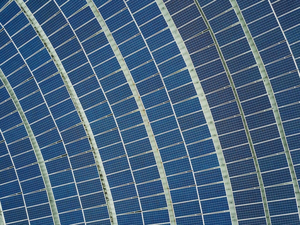 An aerial view of a solar panel array