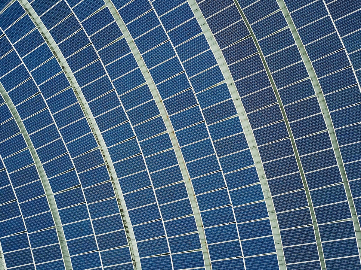 An aerial view of a solar panel array
