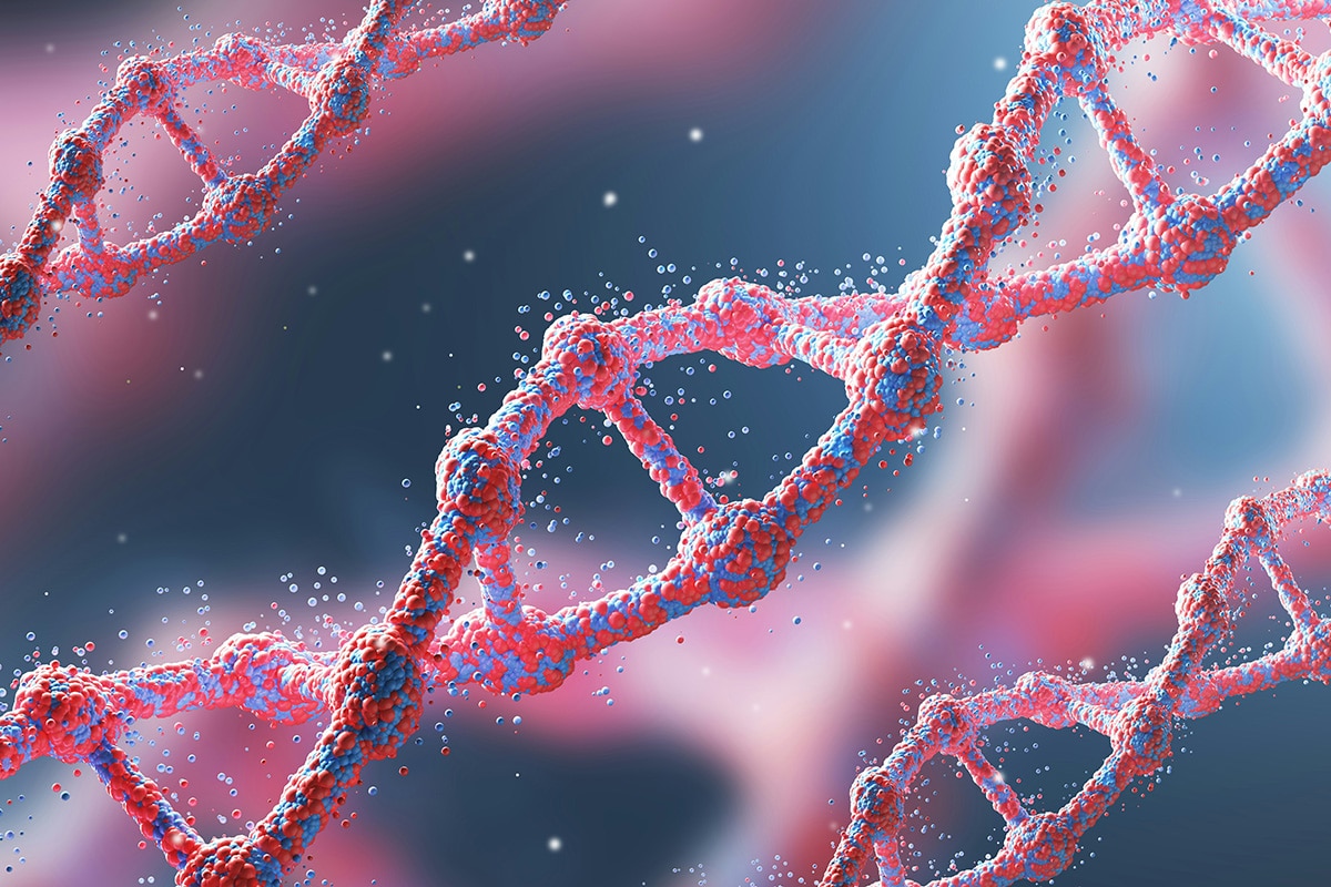 Three red diagonal DNA chains against a dark blue background